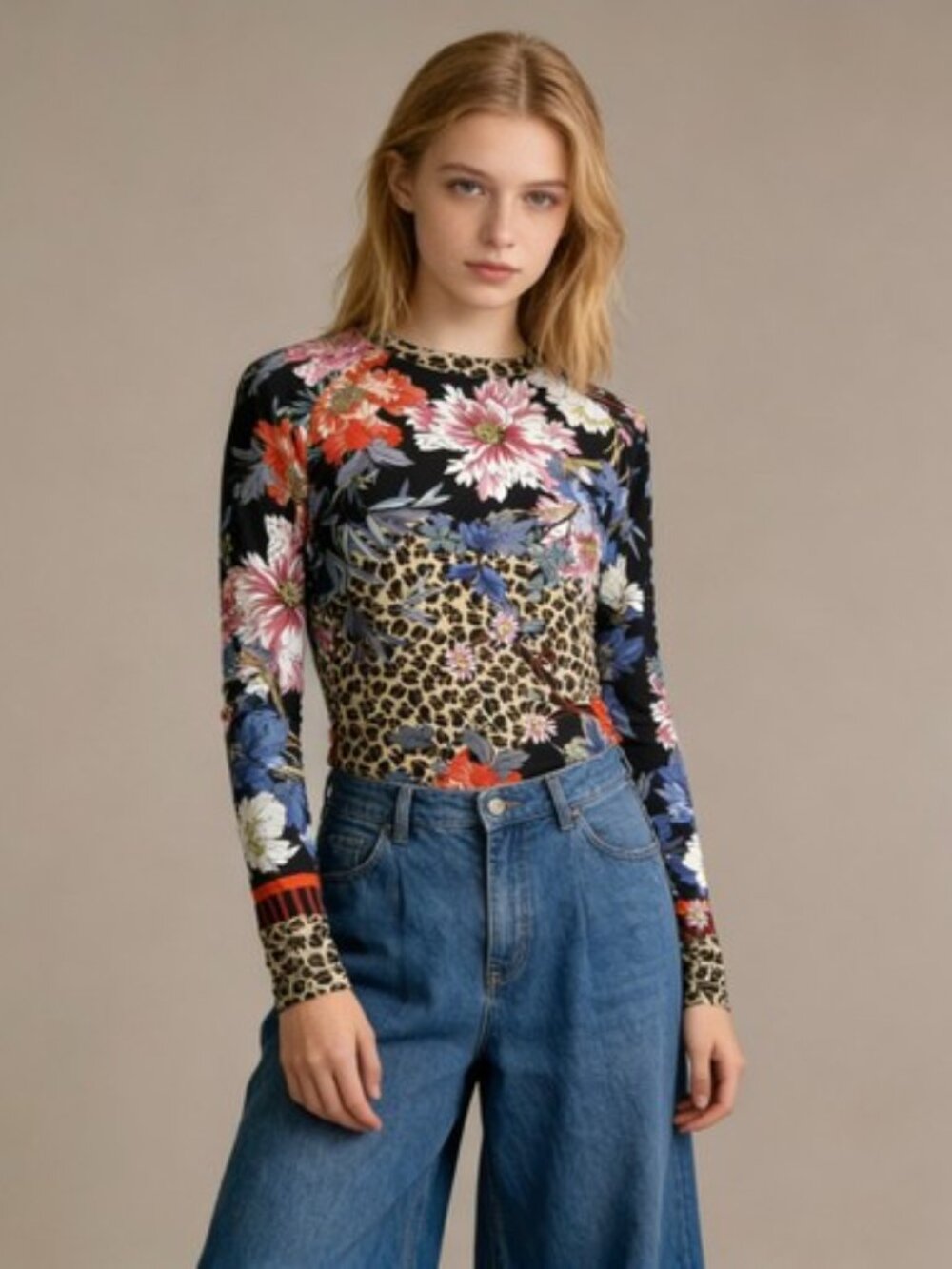 Johnny Was ONTARI LONG SLEEVE SLIM RAGLAN Floral Leopard Tee Shirt Top Size S